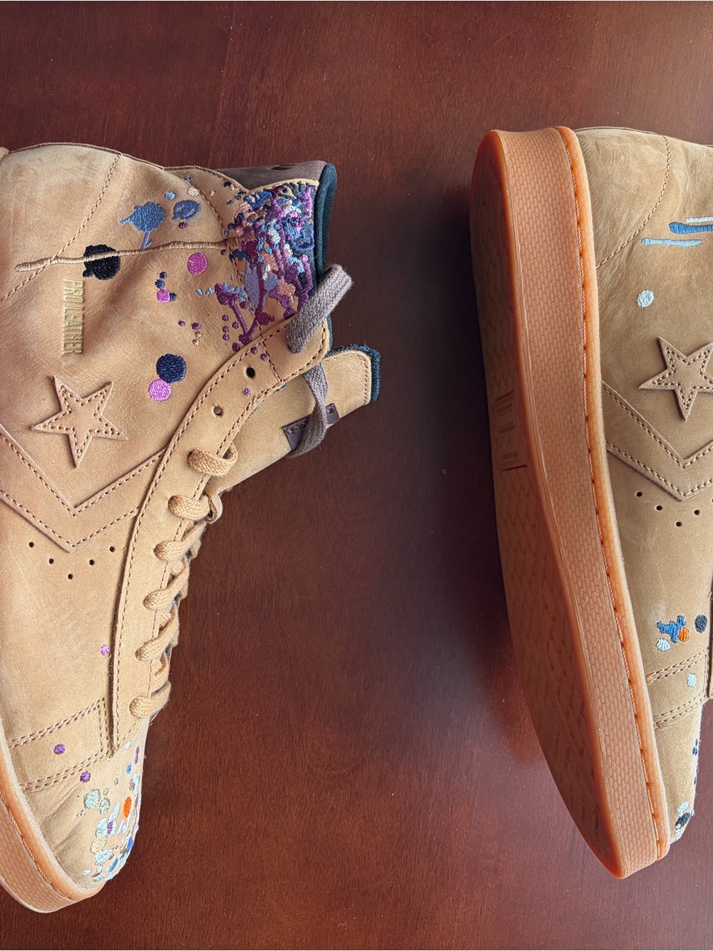 NEW: Converse Women’s Tan High-Top Sneakers with Multicolor Paint Splatters